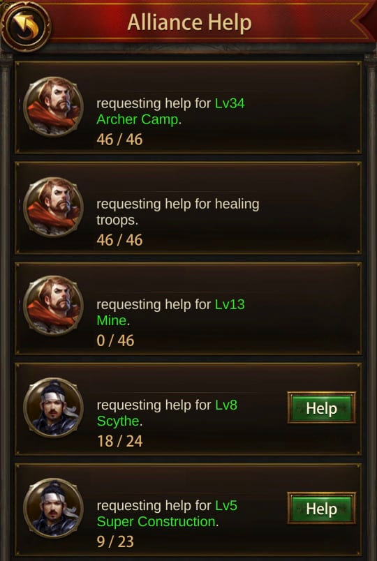 evony guide to using alliance help - details of each help